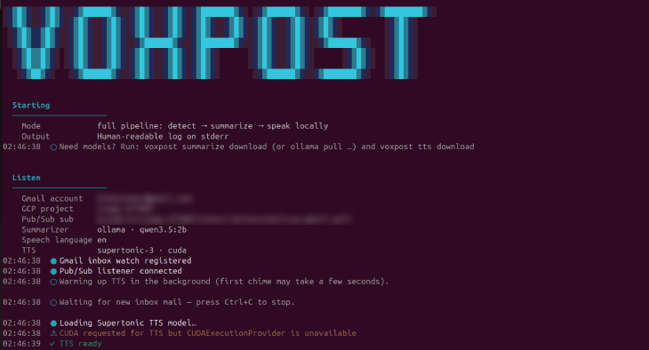 Terminal running voxpost listen --speak